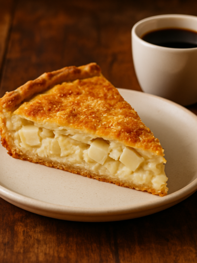 Fatia de torta de palmito air fryer servida como lanche em prato branco com interior cremoso à mostra