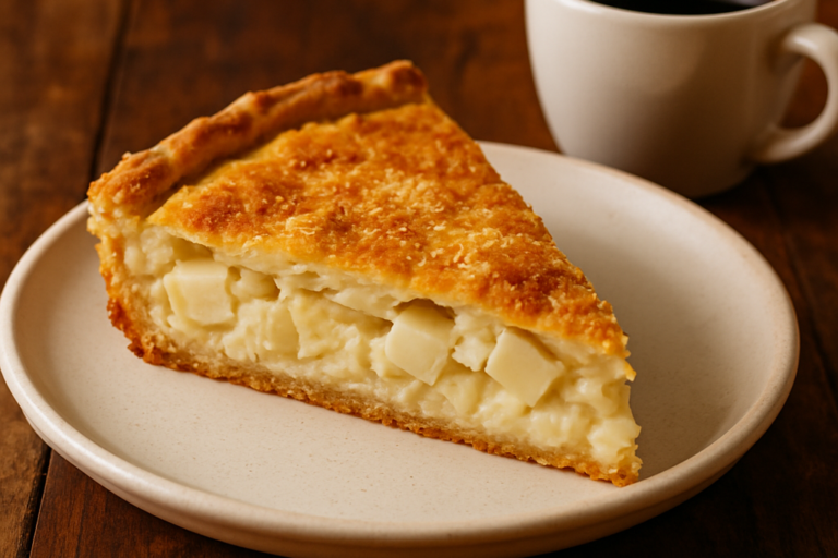 Fatia de torta de palmito air fryer servida como lanche em prato branco com interior cremoso à mostra