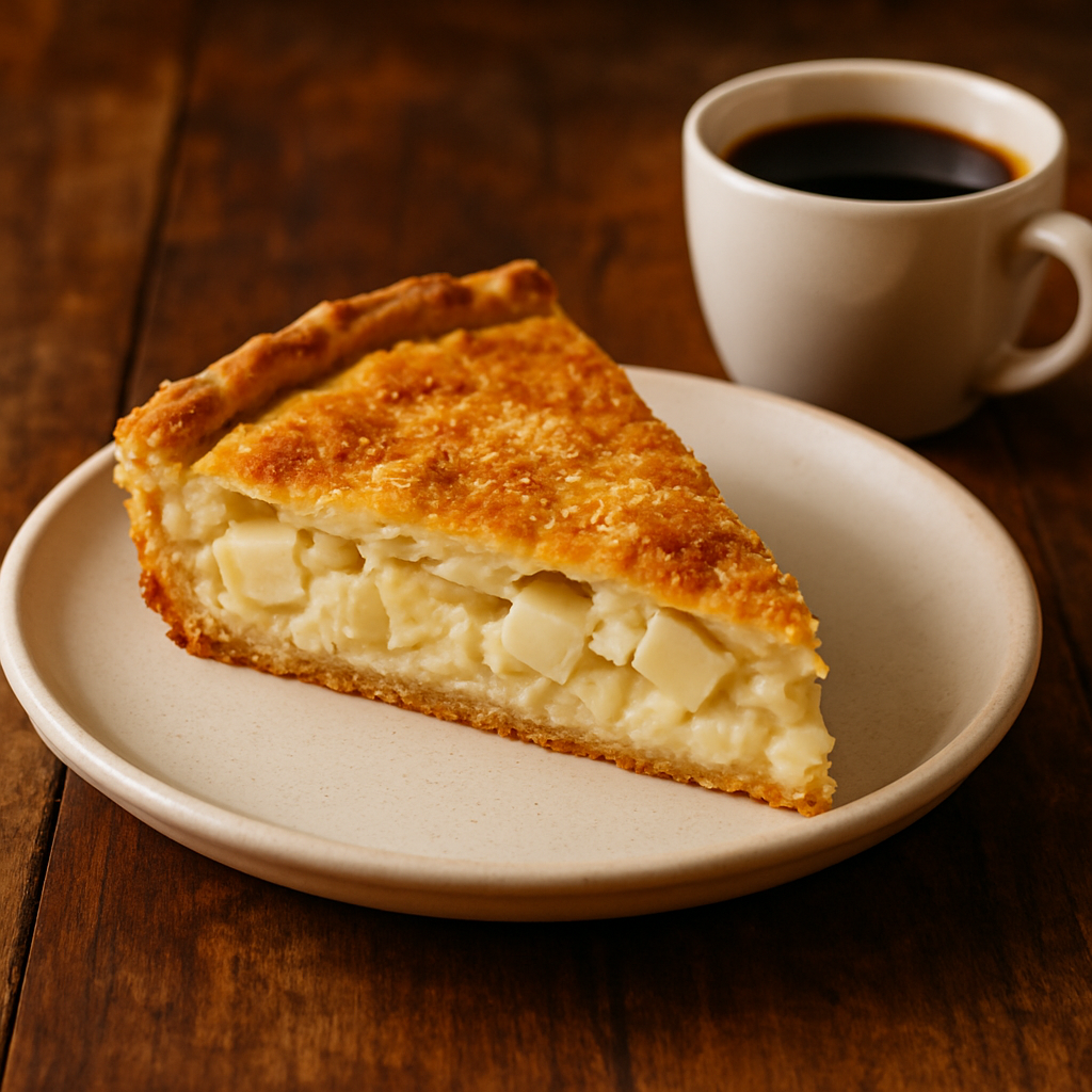 Fatia de torta de palmito air fryer servida como lanche em prato branco com interior cremoso à mostra