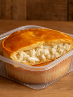 Torta de palmito na air fryer fatiada dentro de marmita, com massa dourada e recheio cremoso de palmito visível