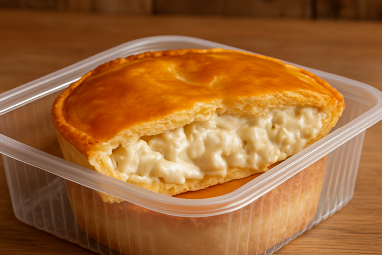 Torta de palmito na air fryer fatiada dentro de marmita, com massa dourada e recheio cremoso de palmito visível