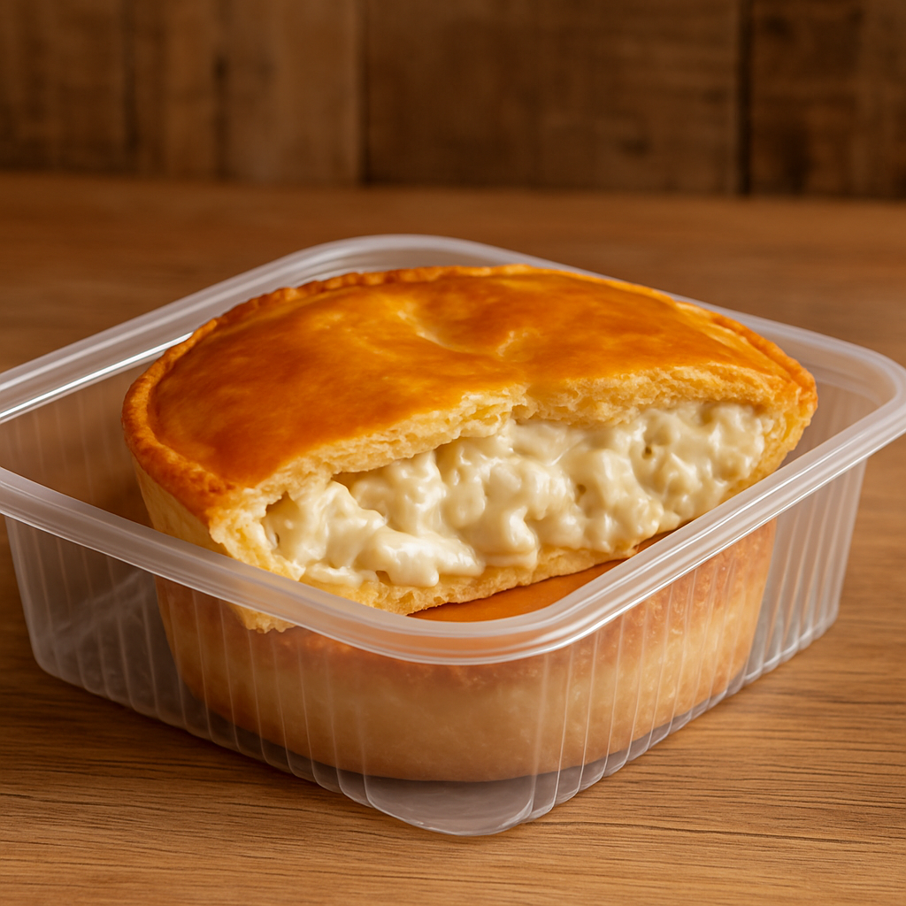 Torta de palmito na air fryer fatiada dentro de marmita, com massa dourada e recheio cremoso de palmito visível