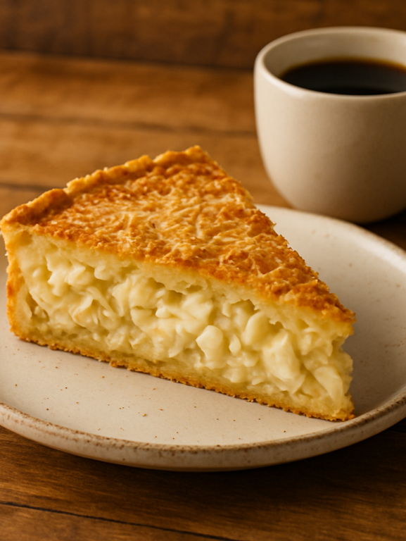 fatia de torta de palmito feita na air fryer servida no café da manhã, com massa dourada e recheio cremoso