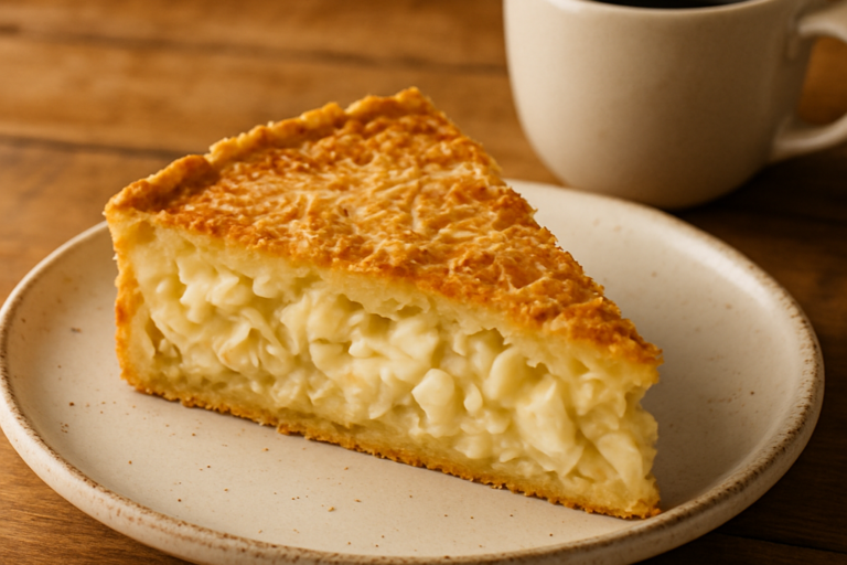 fatia de torta de palmito feita na air fryer servida no café da manhã, com massa dourada e recheio cremoso