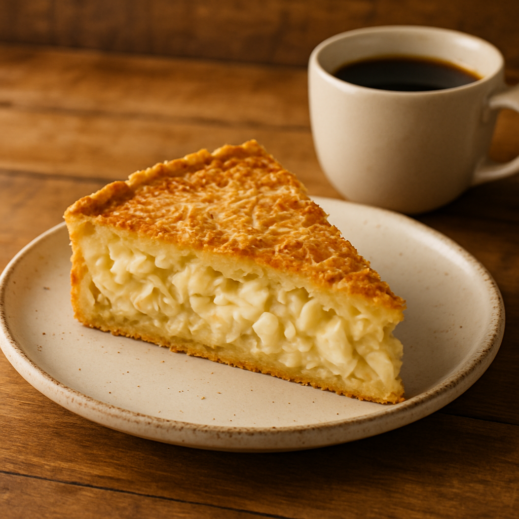 fatia de torta de palmito feita na air fryer servida no café da manhã, com massa dourada e recheio cremoso