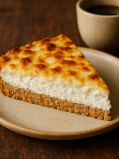 fatia de torta sem açúcar para o café da manhã com base de aveia e recheio de ricota gratinada em prato de cerâmica