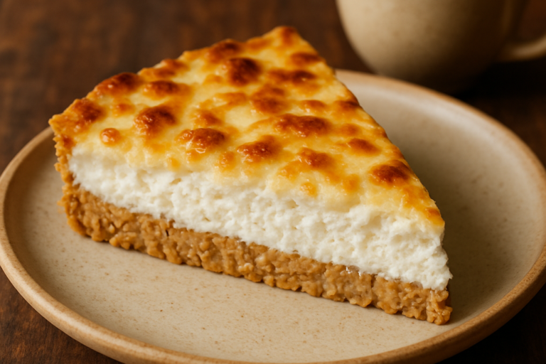 fatia de torta sem açúcar para o café da manhã com base de aveia e recheio de ricota gratinada em prato de cerâmica