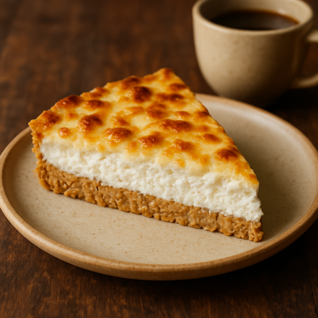 fatia de torta sem açúcar para o café da manhã com base de aveia e recheio de ricota gratinada em prato de cerâmica