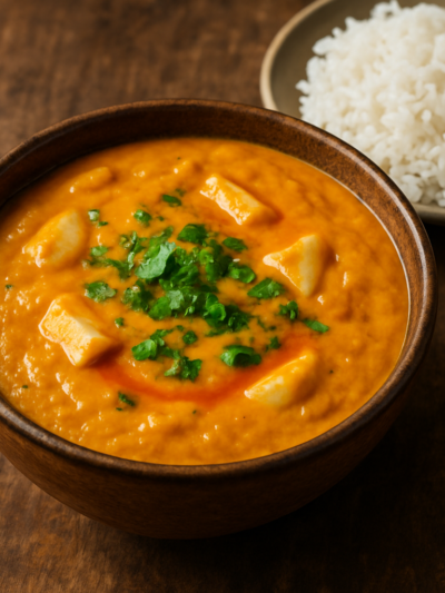 Vatapá vegetariano cremoso servido em tigela de cerâmica com palmito e coentro fresco