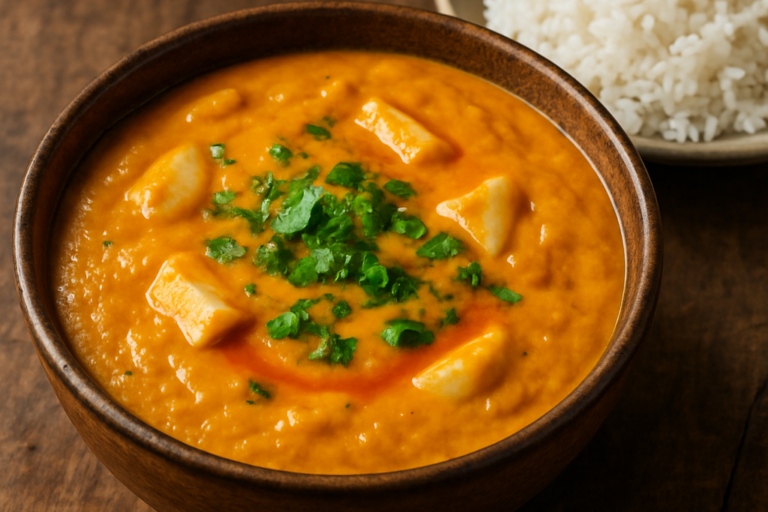 Vatapá vegetariano cremoso servido em tigela de cerâmica com palmito e coentro fresco