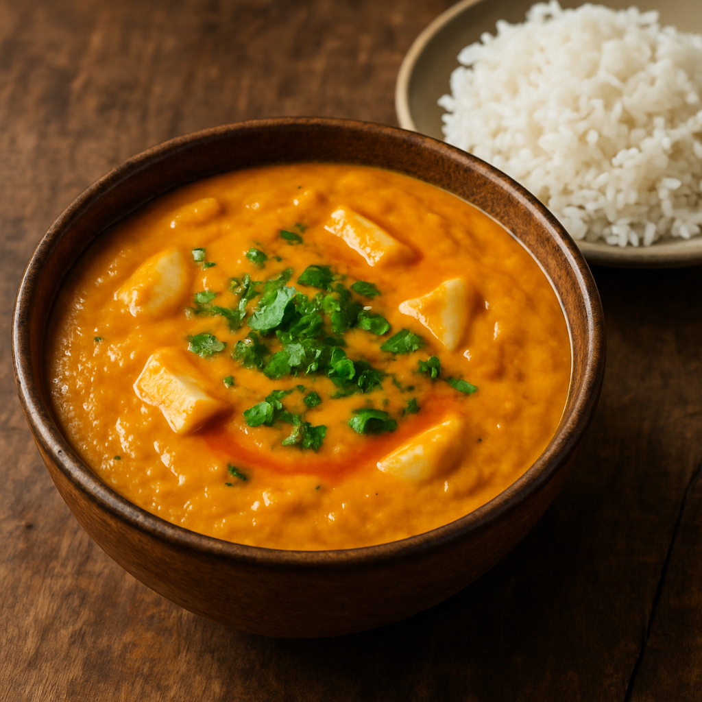 Vatapá vegetariano cremoso servido em tigela de cerâmica com palmito e coentro fresco