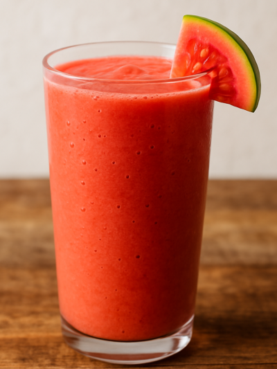 Vitamina Vermelha cremosa com goiaba e morango servida em copo alto transparente