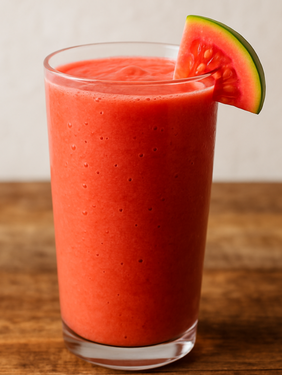 Vitamina Vermelha cremosa com goiaba e morango servida em copo alto transparente