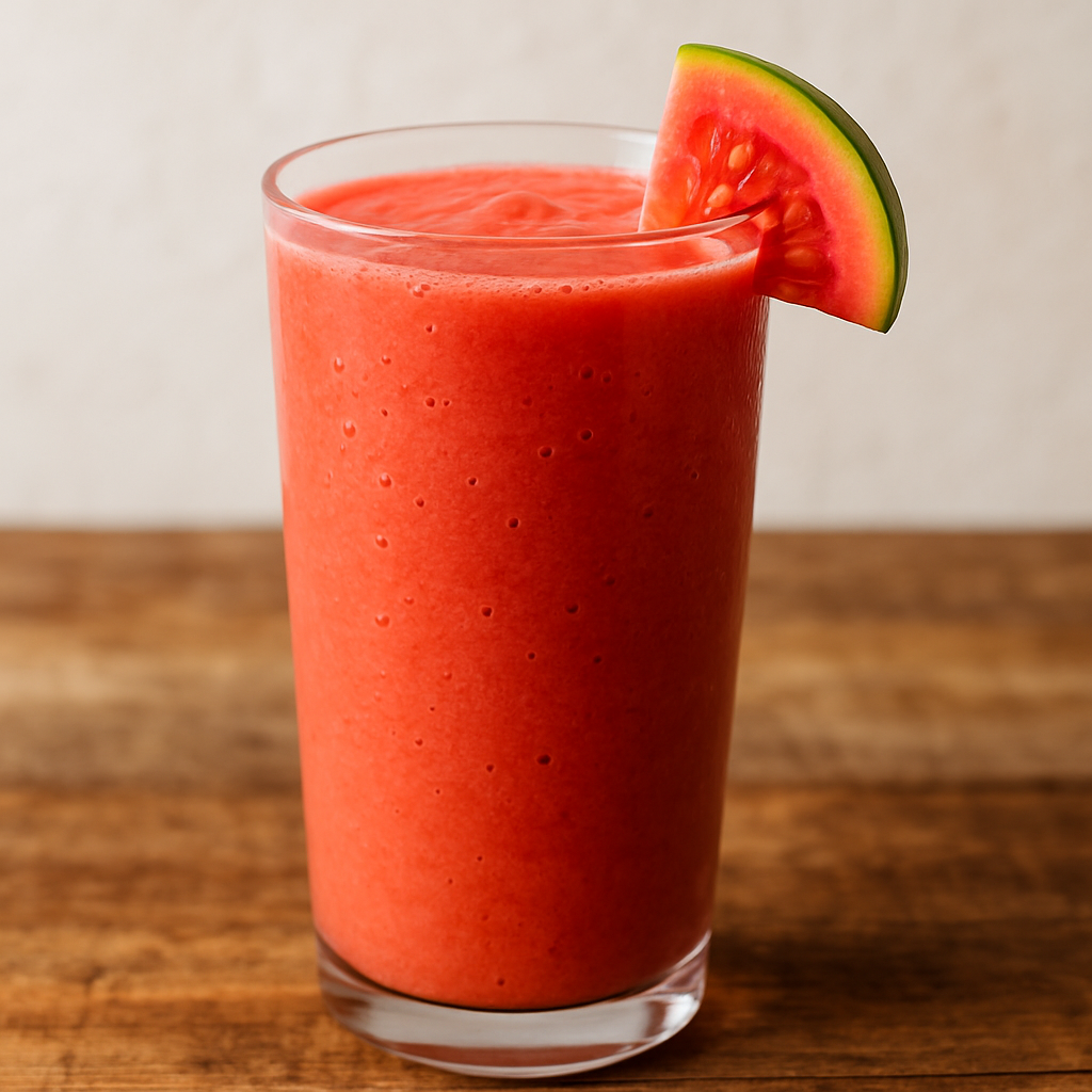 Vitamina Vermelha cremosa com goiaba e morango servida em copo alto transparente