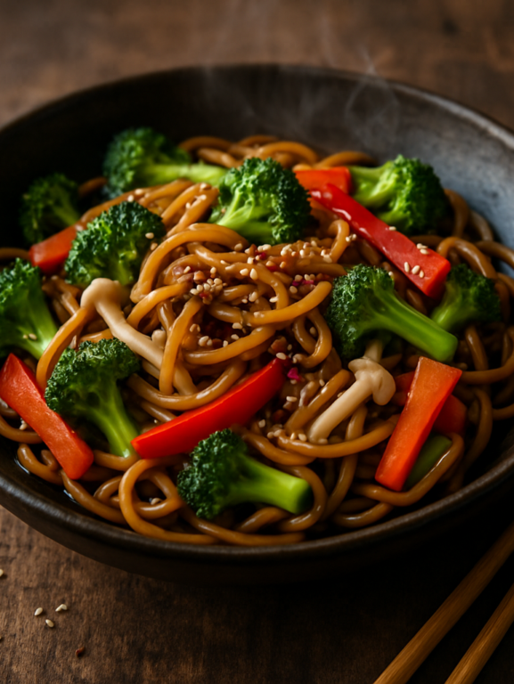 Yakissoba vegetariano com legumes coloridos e gergelim torrado em prato de cerâmica escura