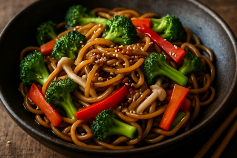 Yakissoba vegetariano com legumes coloridos e gergelim torrado em prato de cerâmica escura