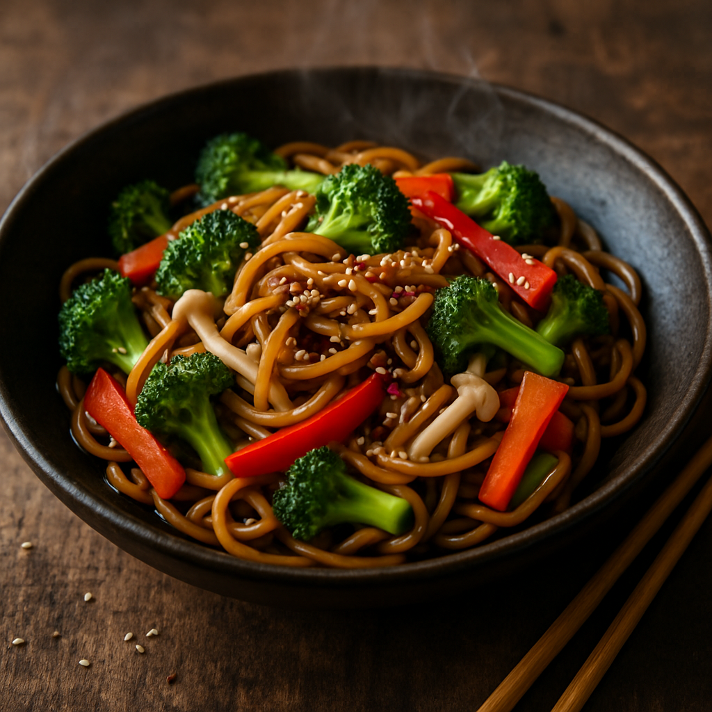 Yakissoba vegetariano com legumes coloridos e gergelim torrado em prato de cerâmica escura