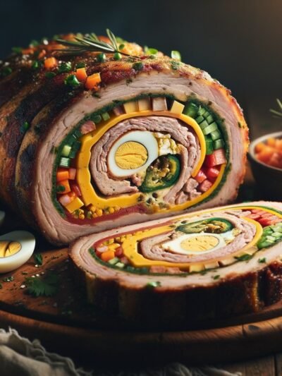 Rocambole de carne moída recheado fatiado mostrando recheio colorido de legumes, queijo e ovos