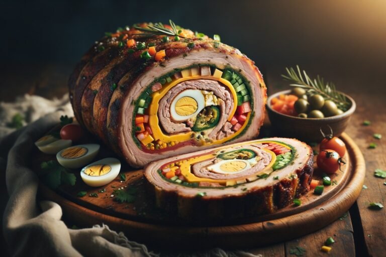 Rocambole de carne moída recheado fatiado mostrando recheio colorido de legumes, queijo e ovos