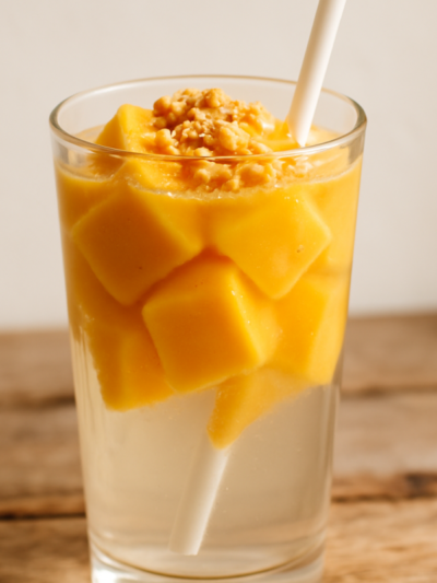 Copo de água de coco com suco de caju e cubos de caju gelados, decorado com castanha triturada