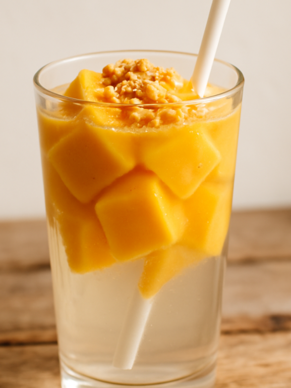 Copo de água de coco com suco de caju e cubos de caju gelados, decorado com castanha triturada
