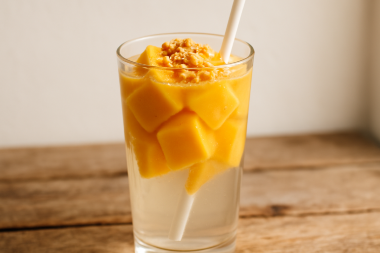 Copo de água de coco com suco de caju e cubos de caju gelados, decorado com castanha triturada