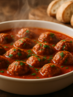 almôndegas de carne moída sem açúcar ao molho de tomate caseiro com salsinha fresca em travessa