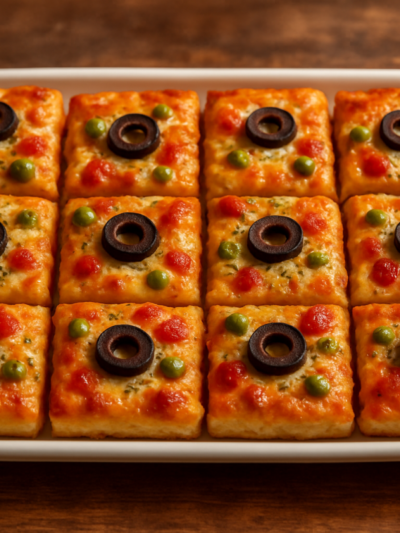 aperitivo de pizza cortado em quadradinhos com sardinha e ervilha em travessa de festa