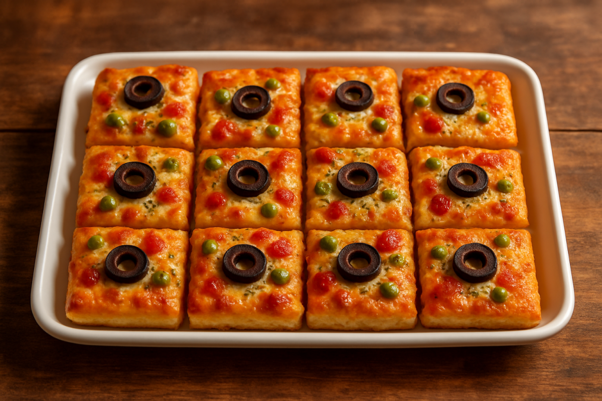 aperitivo de pizza cortado em quadradinhos com sardinha e ervilha em travessa de festa