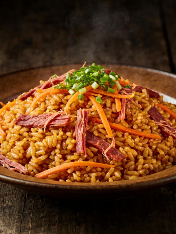 Arroz carreteiro integral com charque desfiado e salsinha em prato rústico