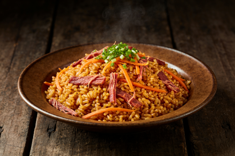 Arroz carreteiro integral com charque desfiado e salsinha em prato rústico