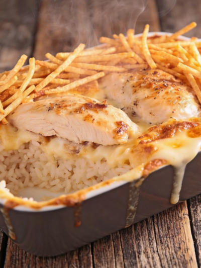Arroz de forno com frango cremoso gratinado com queijo e batata palha em refratário