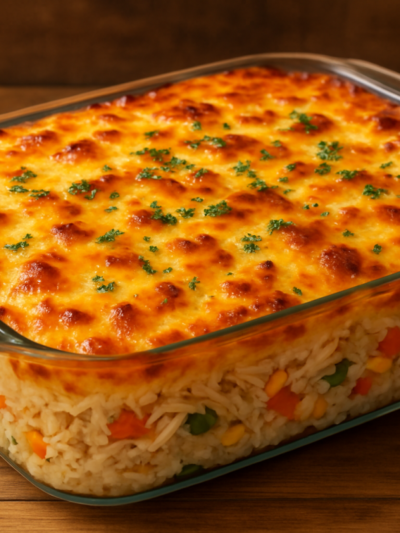 Arroz de forno saudável com frango desfiado, legumes e queijo gratinado dourado em refratário de vidro