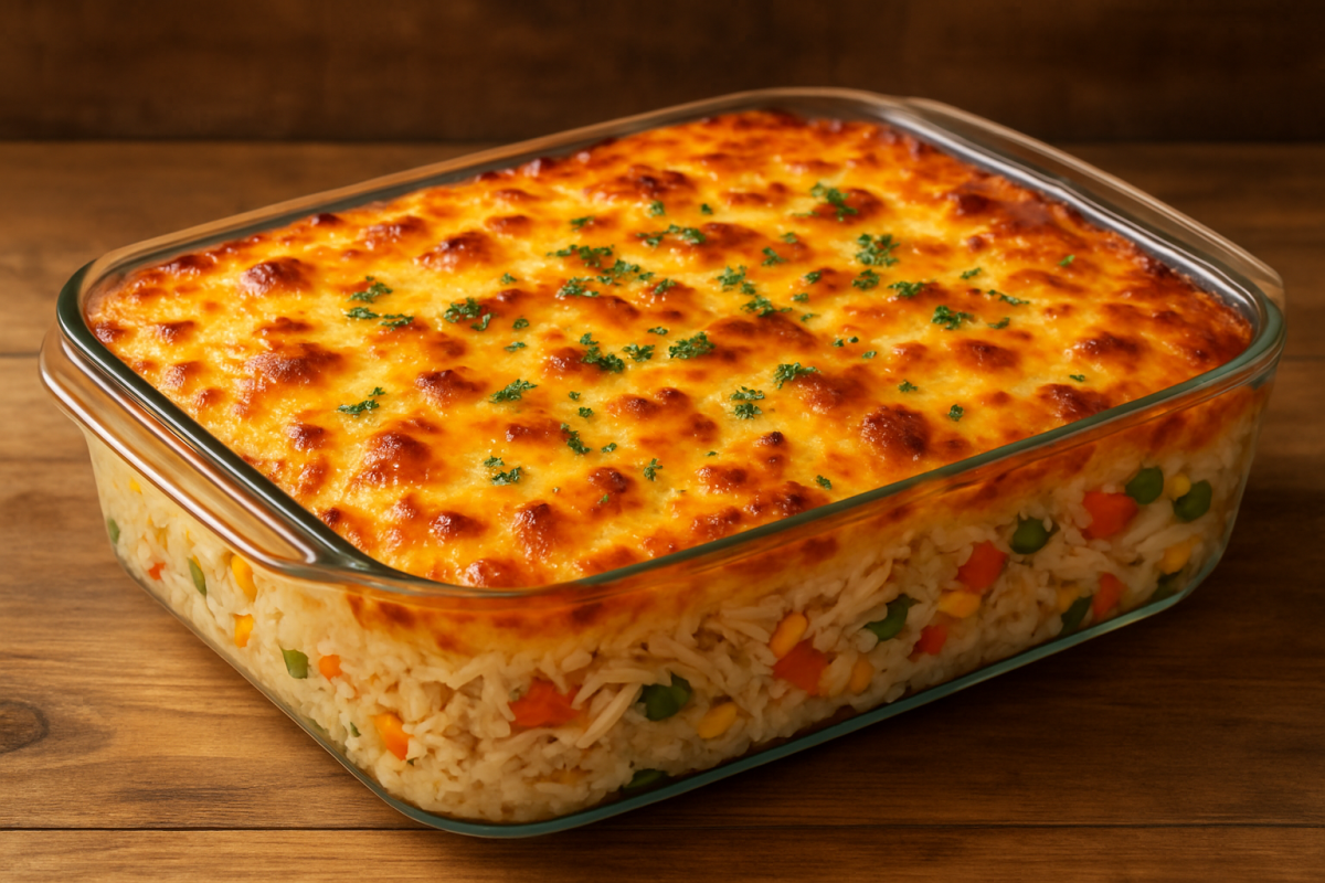 Arroz de forno saudável com frango desfiado, legumes e queijo gratinado dourado em refratário de vidro