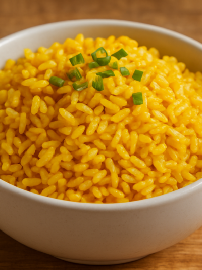 Arroz Integral Amarelinho soltinho com cúrcuma servido em tigela de cerâmica branca
