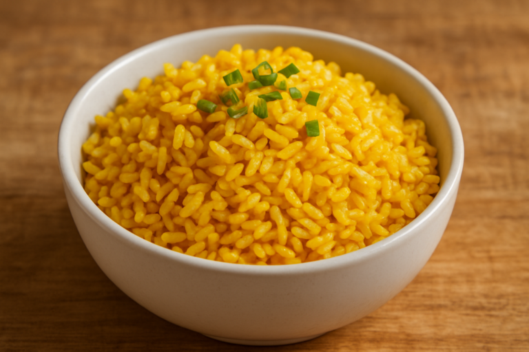 Arroz Integral Amarelinho soltinho com cúrcuma servido em tigela de cerâmica branca