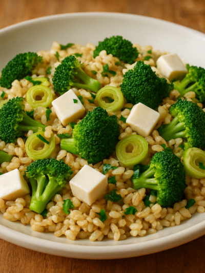 Arroz Integral Especial com brócolis, queijo minas e alho-poró em prato branco