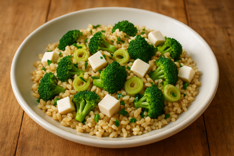 Arroz Integral Especial com brócolis, queijo minas e alho-poró em prato branco
