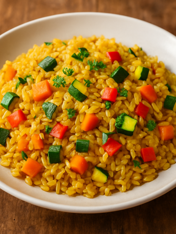 Arroz vegetariano soltinho com legumes coloridos e salsinha fresca em prato branco