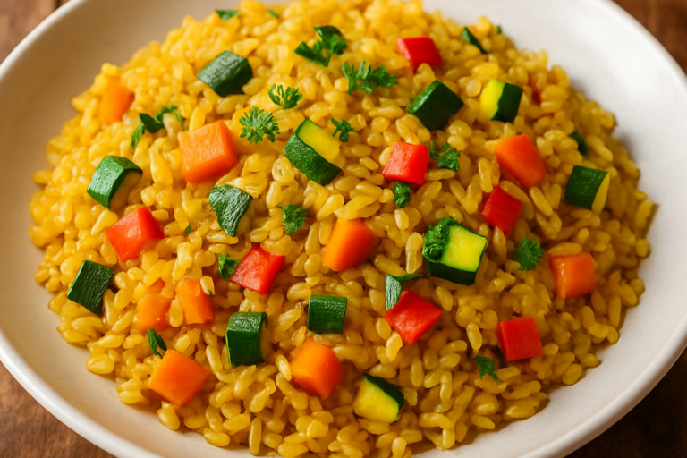 Arroz vegetariano soltinho com legumes coloridos e salsinha fresca em prato branco
