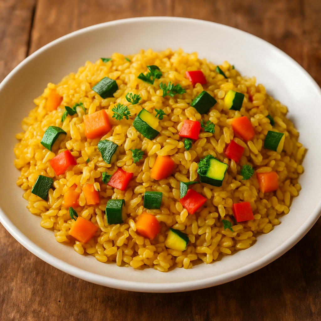 Arroz vegetariano soltinho com legumes coloridos e salsinha fresca em prato branco
