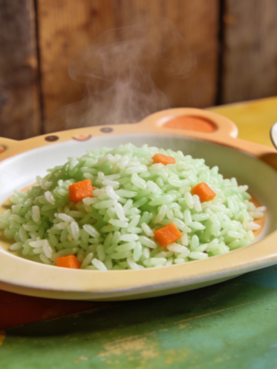 arroz vitaminado para crianças com espinafre e cenoura em prato infantil colorido
