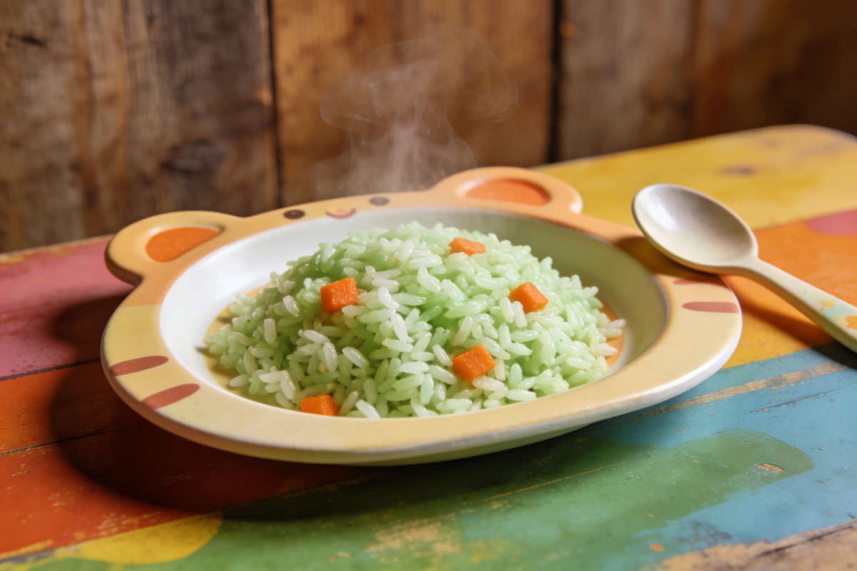 arroz vitaminado para crianças com espinafre e cenoura em prato infantil colorido