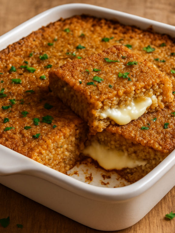 assado de triguilho vegetariano dourado em refratário com recheio de mussarela derretida