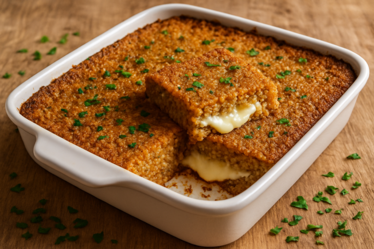 assado de triguilho vegetariano dourado em refratário com recheio de mussarela derretida