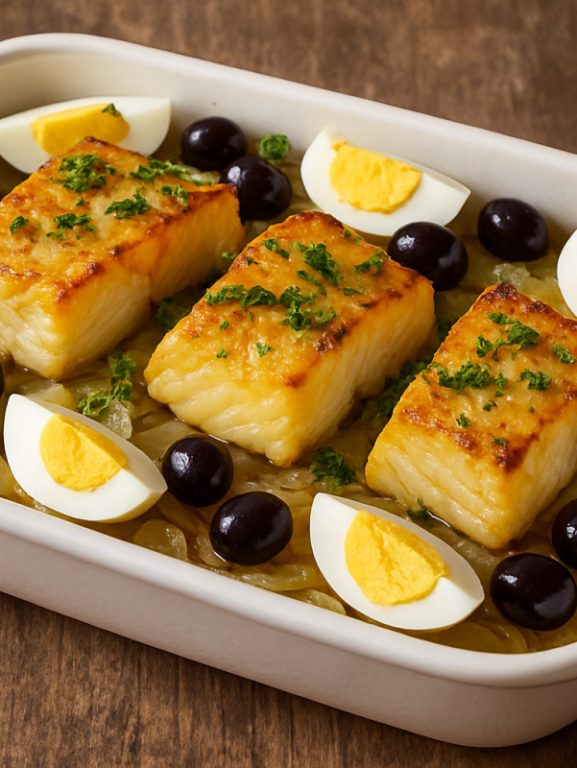 bacalhau suculento ao forno com batatas, azeitonas e ovos cozidos em refratário de cerâmica — jantar tradicional português