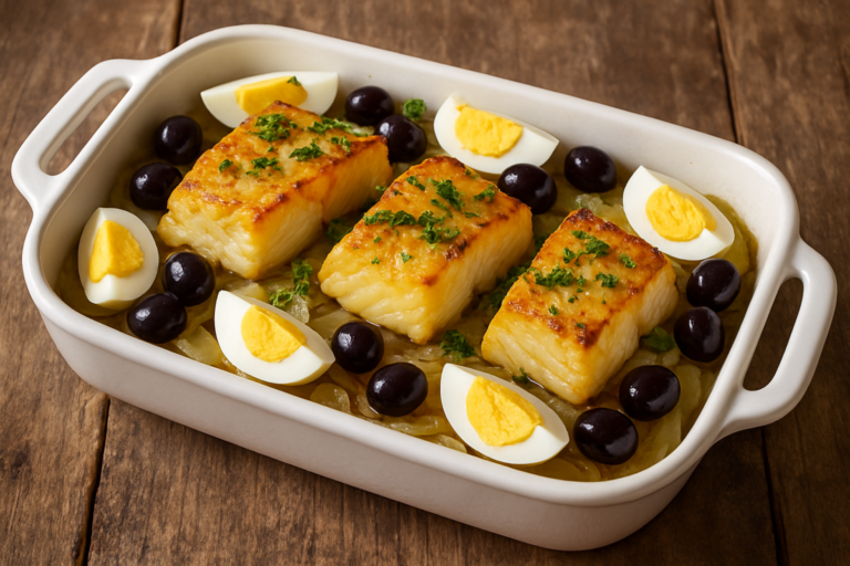 bacalhau suculento ao forno com batatas, azeitonas e ovos cozidos em refratário de cerâmica — jantar tradicional português