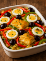 bacalhoada tradicional em refratário com camadas de bacalhau, batatas, pimentões e ovos cozidos regados com azeite