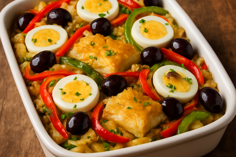 bacalhoada tradicional em refratário com camadas de bacalhau, batatas, pimentões e ovos cozidos regados com azeite