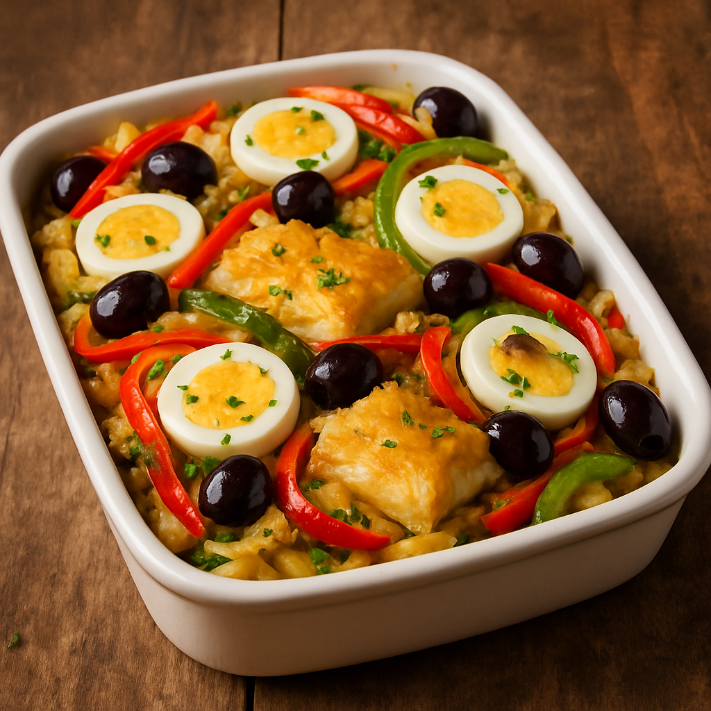 bacalhoada tradicional em refratário com camadas de bacalhau, batatas, pimentões e ovos cozidos regados com azeite